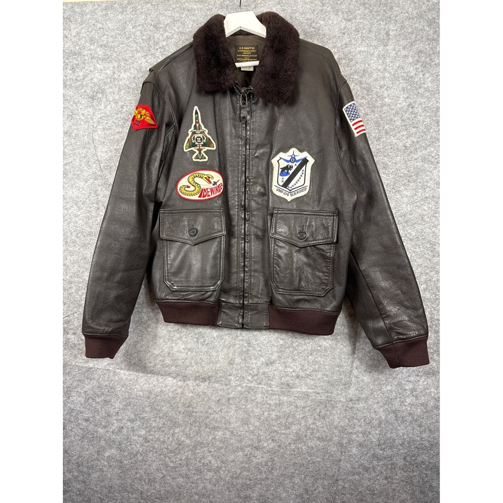 US Navy G1 Intermediate Flight‎ Jacket Leather Bomber Patches Brown Size 46